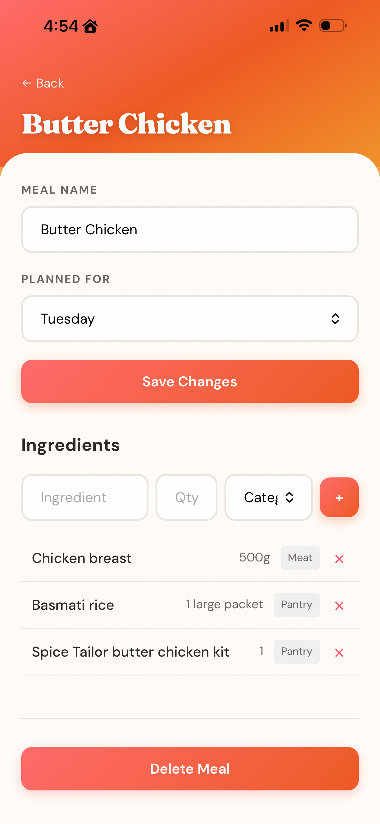 Meal planner app screenshot