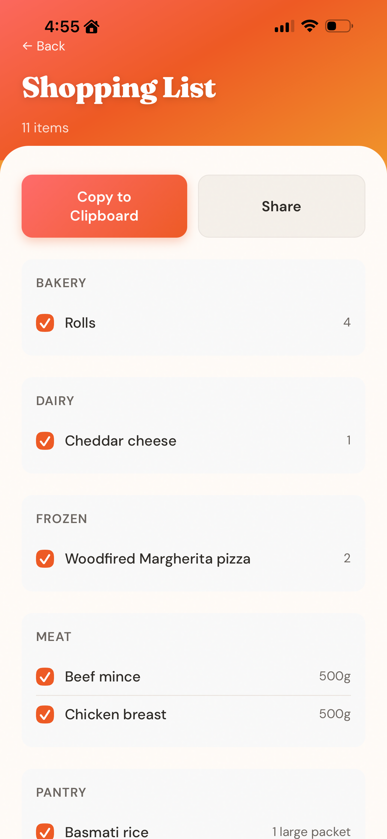 Meal planner app screenshot