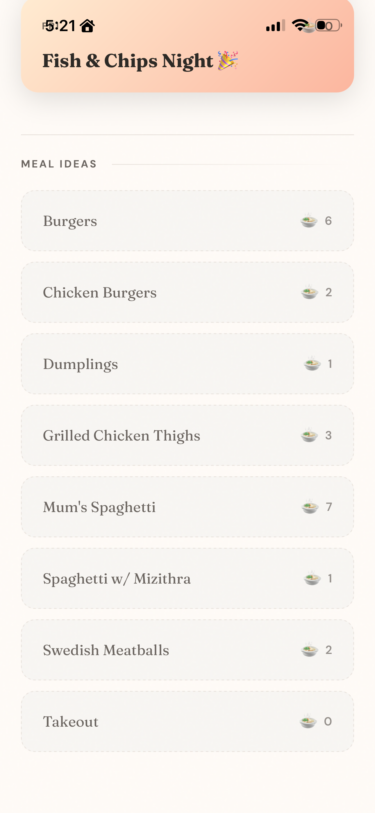 Meal planner app screenshot