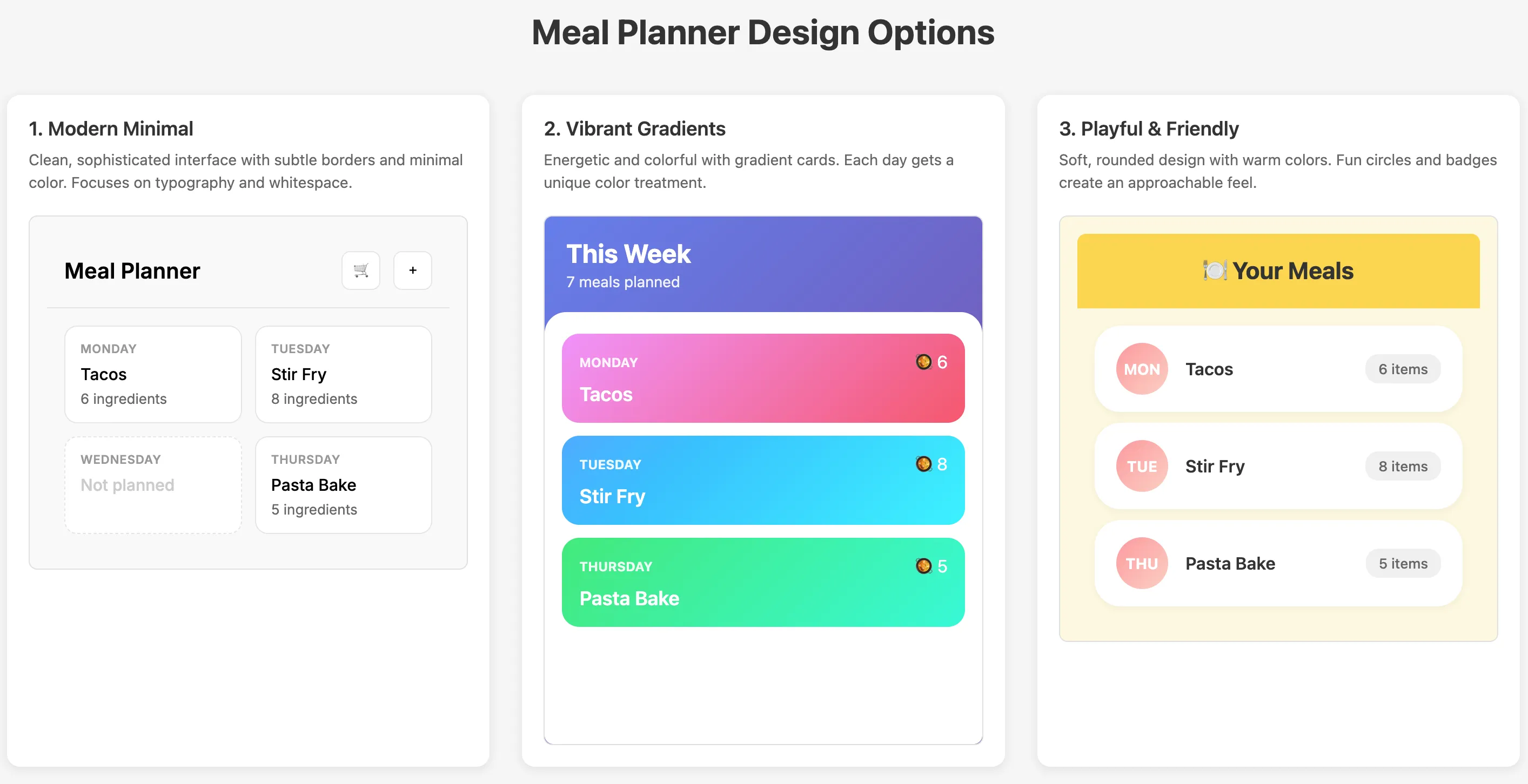 Design options for a meal planner app