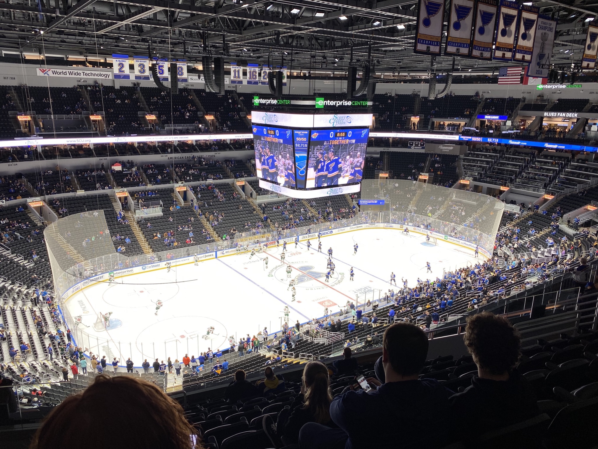 A wide view of a hockey arena